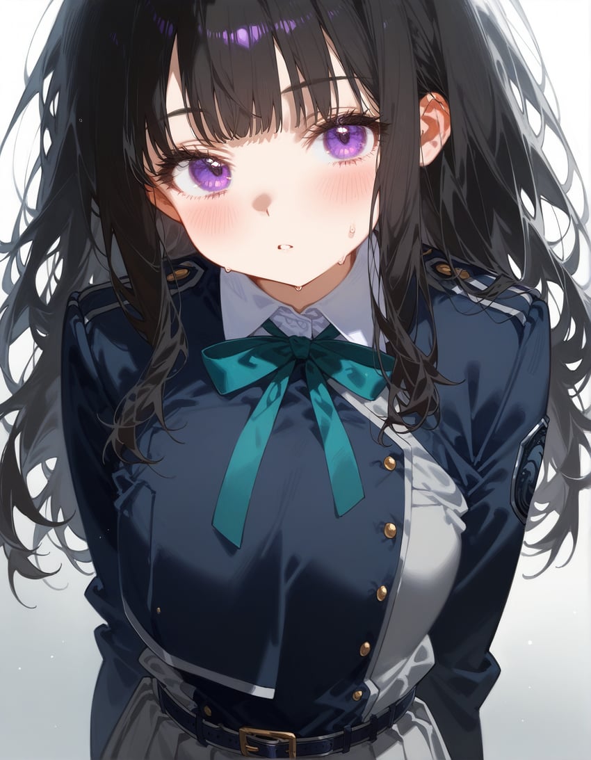 1girl, bangs, belt, black_hair, blunt_bangs, blush, collared_shirt, cwinterhowl