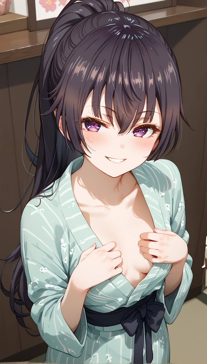 1girl, bangs, bath_yukata, black_hair, blush, breasts, cleavage, collarbone
