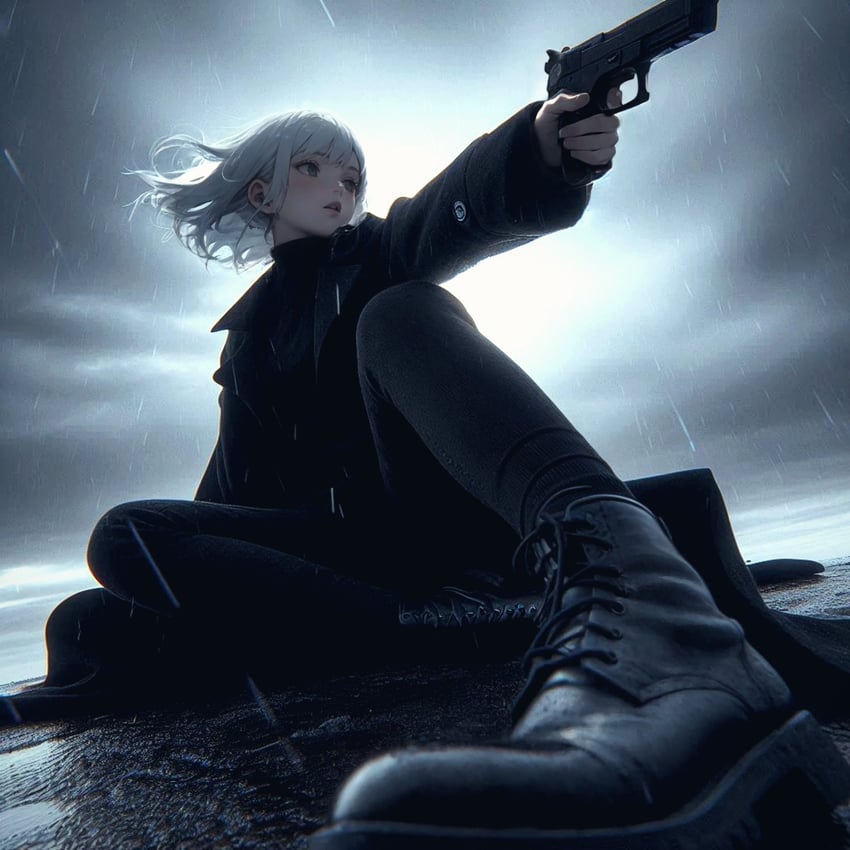 1girl, absurdres, aiming, bangs, black_coat, black_footwear, black_pants, black_shirt