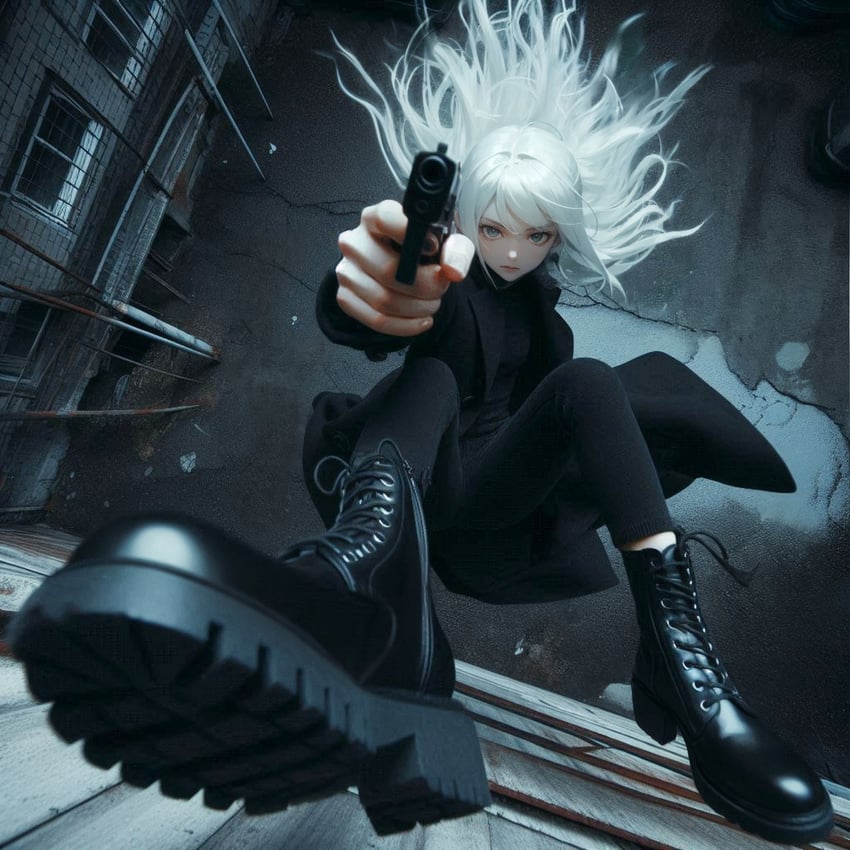 1girl, absurdres, aiming, aiming_at_viewer, bangs, black_coat, black_footwear, black_pants
