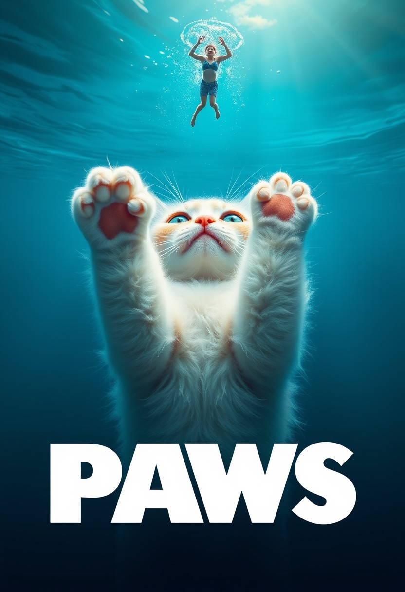 1girl, air_bubble, animal, animal_focus, animal_hands, blue_eyes, blue_theme, bubble, cat, cat_paws, caustics, cinnadust, diving, english_text, flux, full_body, jaws_(movie), light_rays, looking_at_viewer, looking_up, movie_poster, movie_reference, ocean, parody, realistic, solo, submerged, sunlight, swimming, underwater, water, whiskers