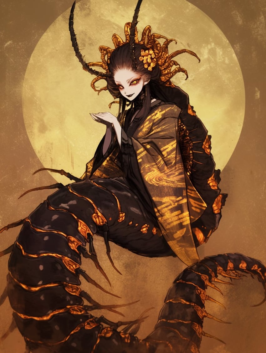 1girl, antennae, arthropod_girl, arthropod_limbs, black_hair, black_lips, brown_theme, flower