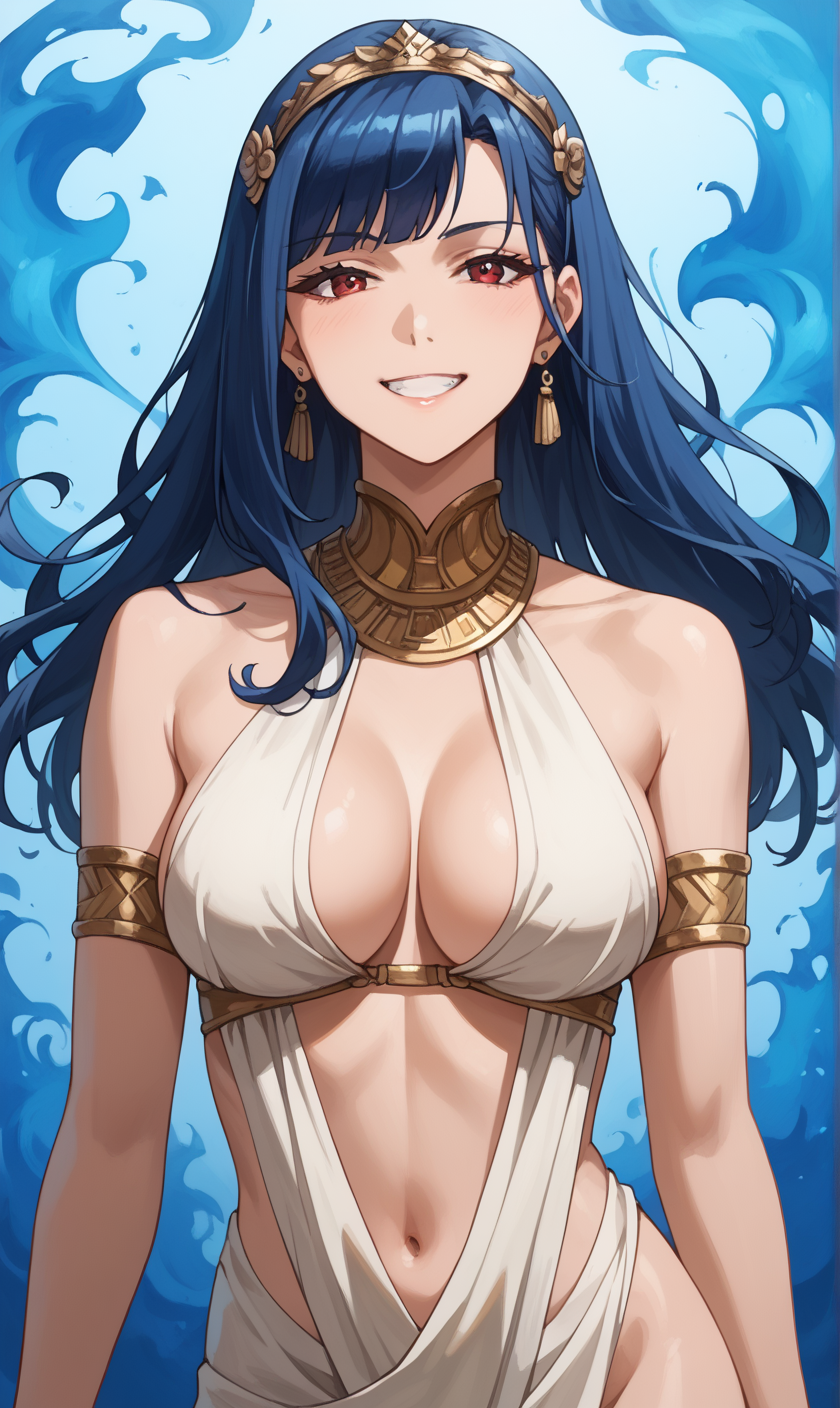 1girl, alternate_eye_color, alternate_hair_color, alternate_hair_length, alternate_hairstyle, bare_shoulders, blue_background, blue_hair