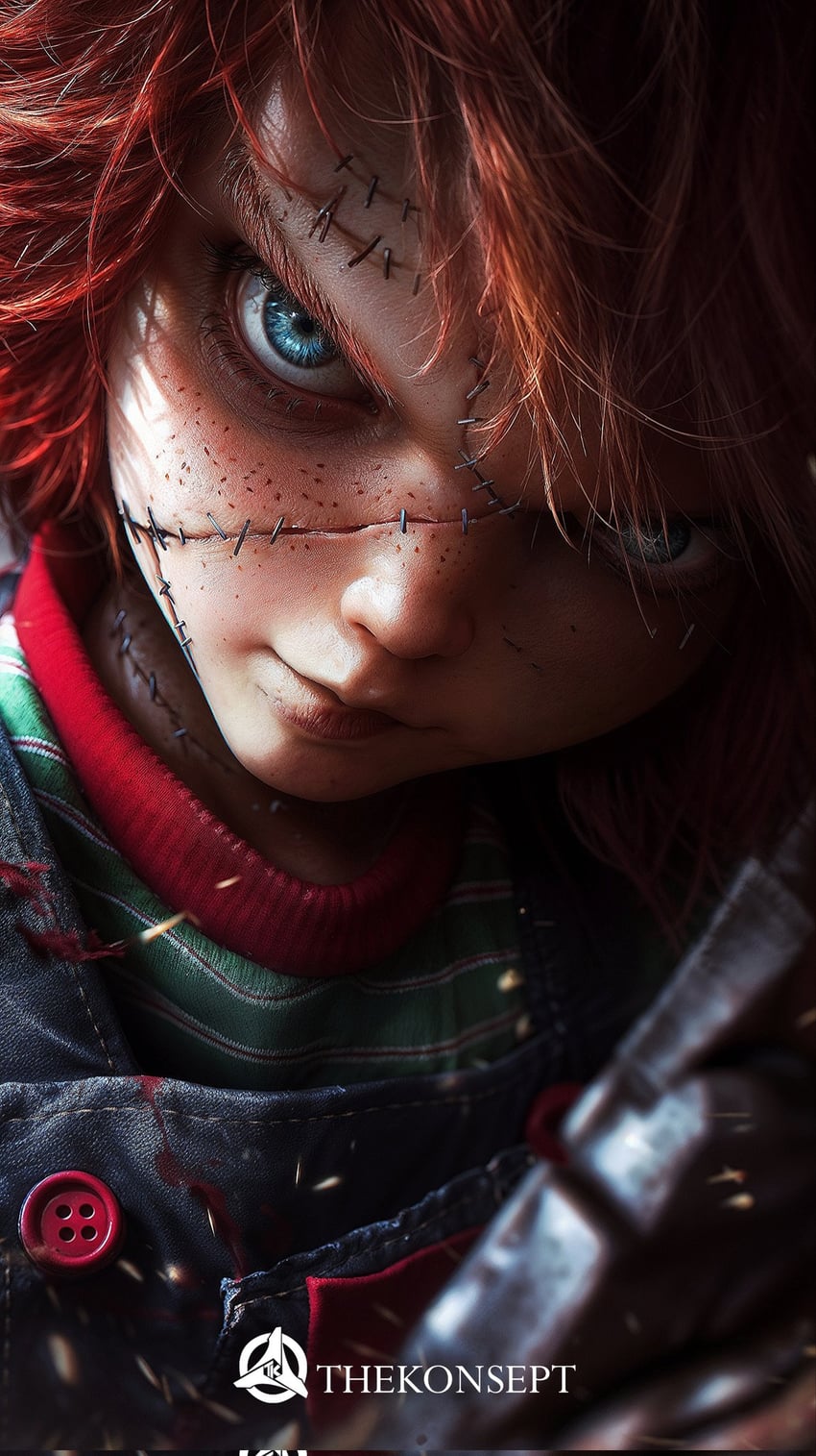 1boy, artist_logo, artist_name, bags_under_eyes, bangs, blue_eyes, blurry, blurry_foreground, child's_play, chucky, close-up, closed_mouth, denim, depth_of_field, doll, english_text, fine_fabric_emphasis, freckles, green_shirt, head_tilt, highres, horror_(theme), hq_thekonsept, lips, looking_at_viewer, male_focus, messy_hair, model_request, nose, orange_hair, overalls, portrait, realistic, red_hair, scar, scar_across_eye, scar_on_face, shirt, short_hair, solo, stitches, striped, striped_shirt, watermark