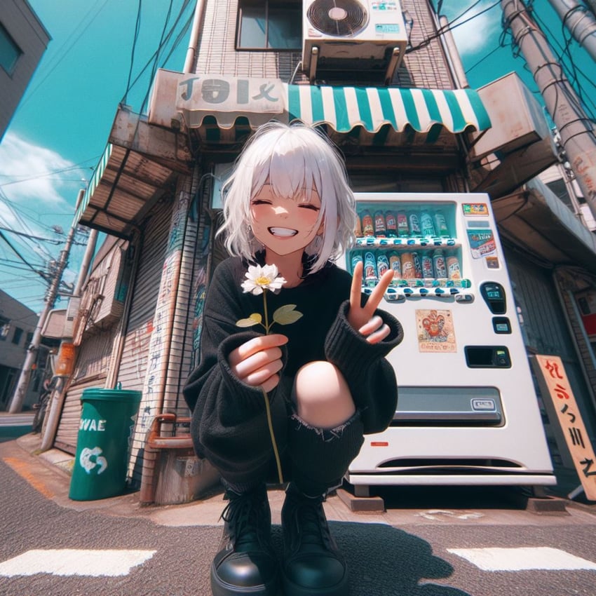 1girl, ^_^, absurdres, air_conditioner, bangs, black_footwear, black_pants, black_sweater