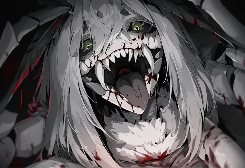 1girl, antennae, arthropod_girl, black_sclera, blood, colored_sclera, fangs, horror_(theme)