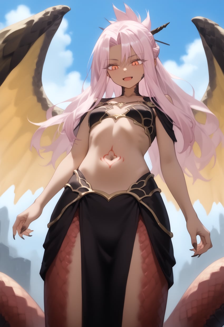 1girl, :d, bangs, black_nails, black_skirt, blue_sky, breasts, chloe_von_einzbern