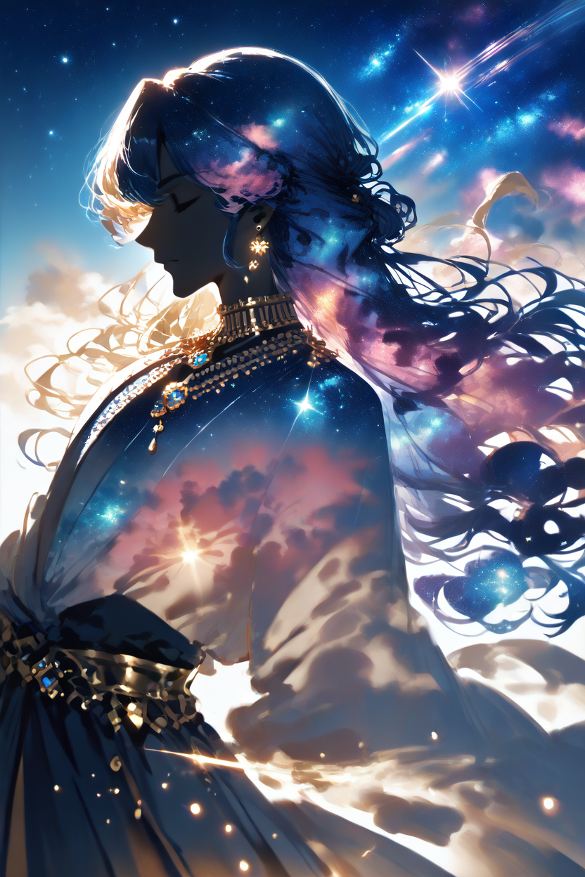 1boy, blue_hair, closed_eyes, closed_mouth, cloud, double_exposure, e_shion, earrings, floating_hair, from_side, gem, jewelry, long_hair, long_sleeves, male_focus, mix-gem-lxs, necklace, night, night_sky, original, profile, sky, solo, sparkle, star_(sky), starry_sky, starry_sky_print, wavy_hair, ye_liming_(e_shion)