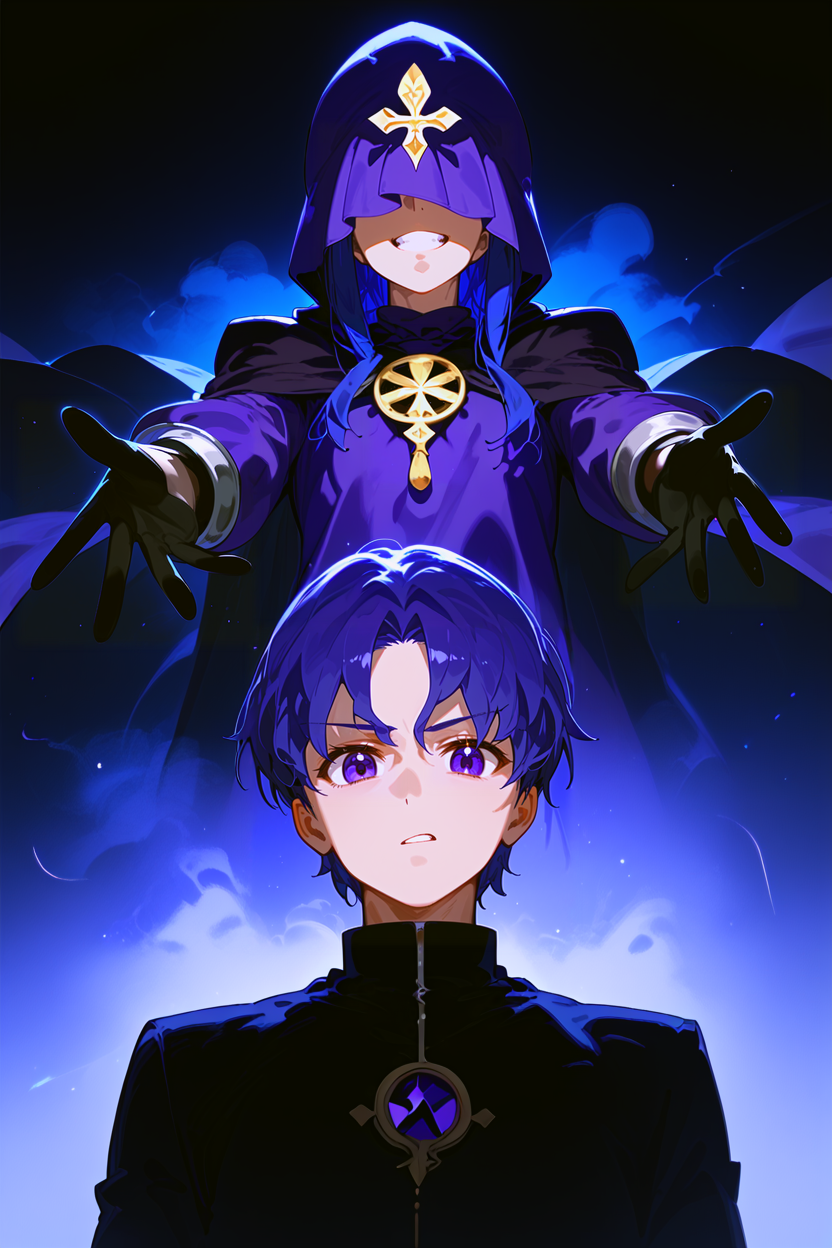 1boy, 1girl, bangs, black_gloves, blue_hair, cloak, covered_eyes, e_shion