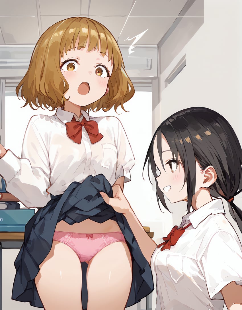 2girls, ^^^, black_hair, bow, bow_panties, breasts, brown_eyes, brown_hair, clothes_lift, crotch_seam, highres, himemiya_yuki, kabocha_(user_ynfy8577), lifting_another's_clothes, long_hair, manemane_nichinichi, medium_breasts, model_request, multiple_girls, nagisa_akane, panties, pink_bow, pink_panties, pleated_skirt, red_ribbon, ribbon, school_uniform, see-through, see-through_shirt, skirt, skirt_lift, smile, surprised, underwear