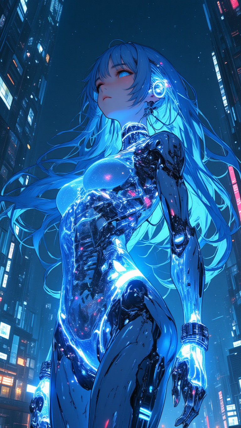 1girl, android, bangs, blue_eyes, blue_hair, blue_theme, bodysuit, breasts, building, city, closed_mouth, from_below, glowing, jewelry, joints, long_hair, lyh_anime_flux, mechanical_parts, night, original, outdoors, robot_joints, science_fiction, skin_tight, sky, skyscraper, solo, standing, tansan3