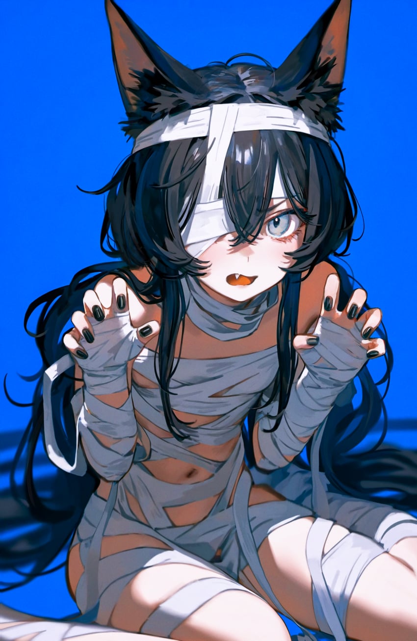1girl, animal_ear_fluff, animal_ears, bandage_over_one_eye, bandaged_arm, bandaged_chest, bandaged_hand, bandaged_head