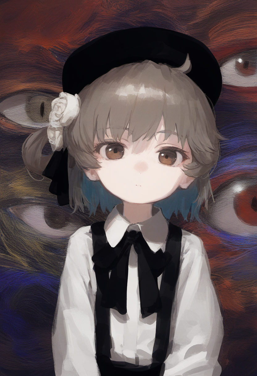 1girl, beret, black_headwear, black_ribbon, brown_eyes, brown_hair, closed_mouth, collared_shirt