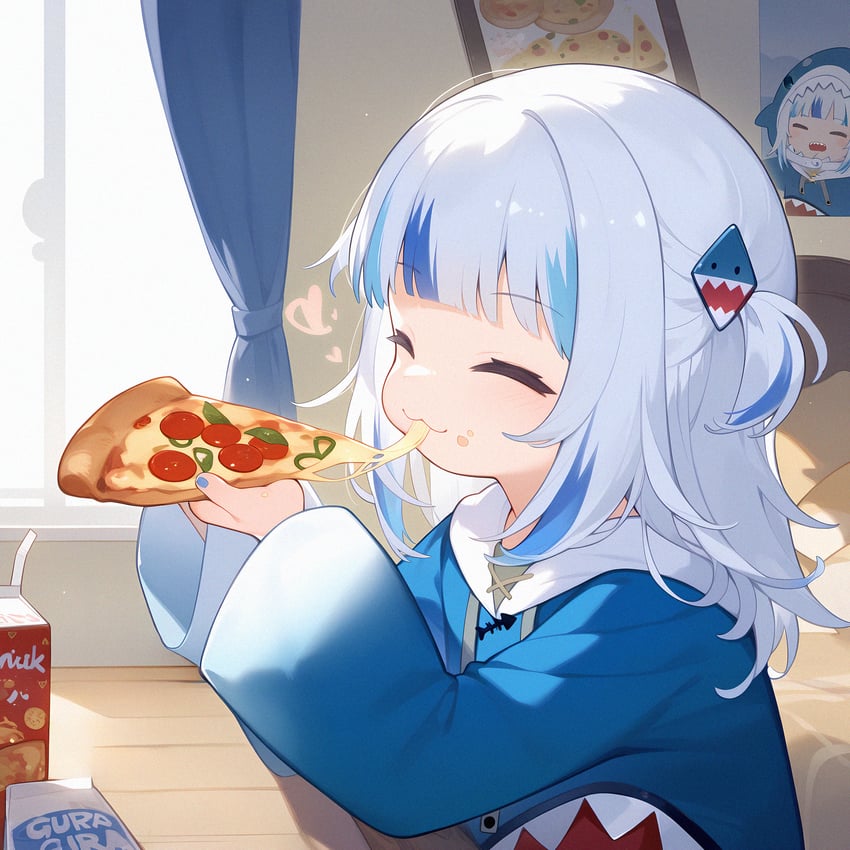 1girl, :3, absurdres, blue_hoodie, blue_streaks, closed_eyes, closed_mouth, eating