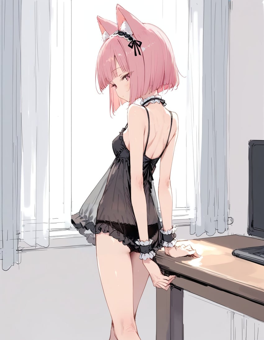 1girl, animal_ear_fluff, animal_ears, ass, back, bangs, bare_shoulders, black_camisole