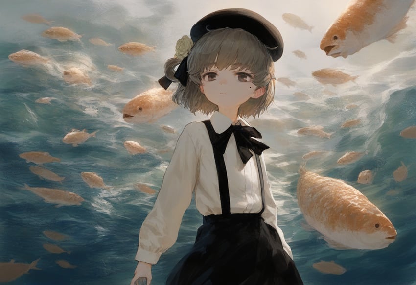 1girl, black_headwear, black_ribbon, black_skirt, brown_eyes, brown_hair, closed_mouth, collared_shirt