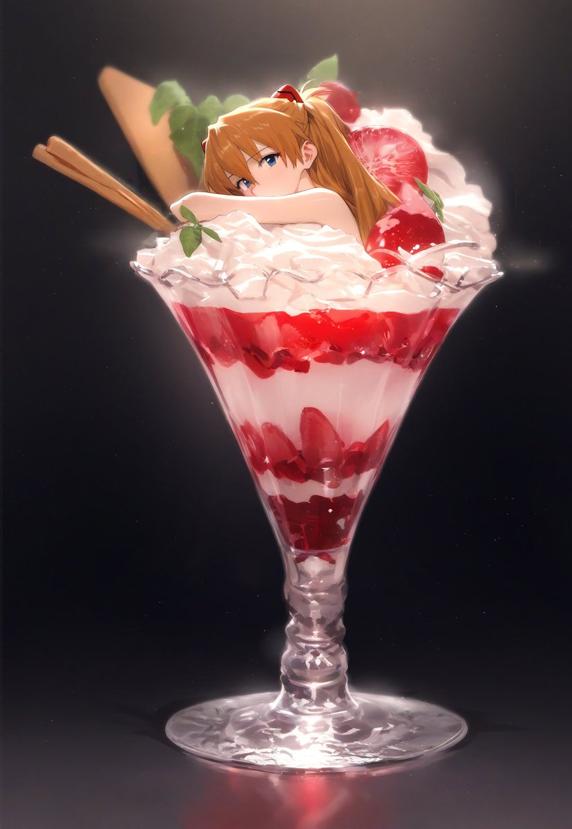1girl, bath, blue_eyes, cinnamon_stick, cup, eyebrows_visible_through_hair, food, fruit, graham_cracker, hair_between_eyes, ice_cream, ice_cream_cup, in_food, interface_headset, leaf, long_hair, lucifel, mini_person, minigirl, mint_(plant), model_request, neon_genesis_evangelion, non-web_source, nude, parfait, red_hair, simple_background, solo, souryuu_asuka_langley, strawberry, strawberry_parfait, twintails, whipped_cream