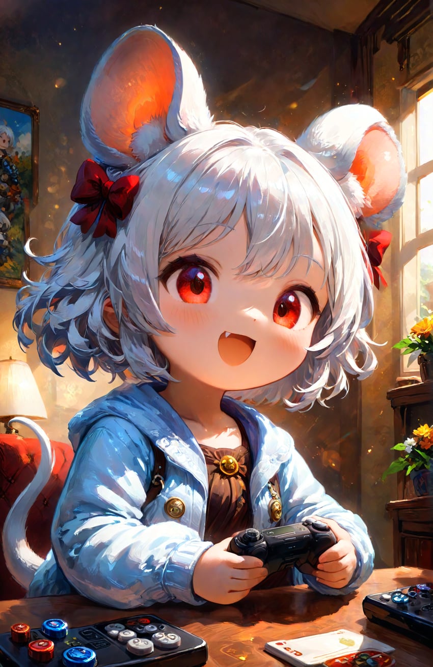 1girl, animal_ear_fluff, animal_ears, bow, cardigan, child, controller, curly_hair