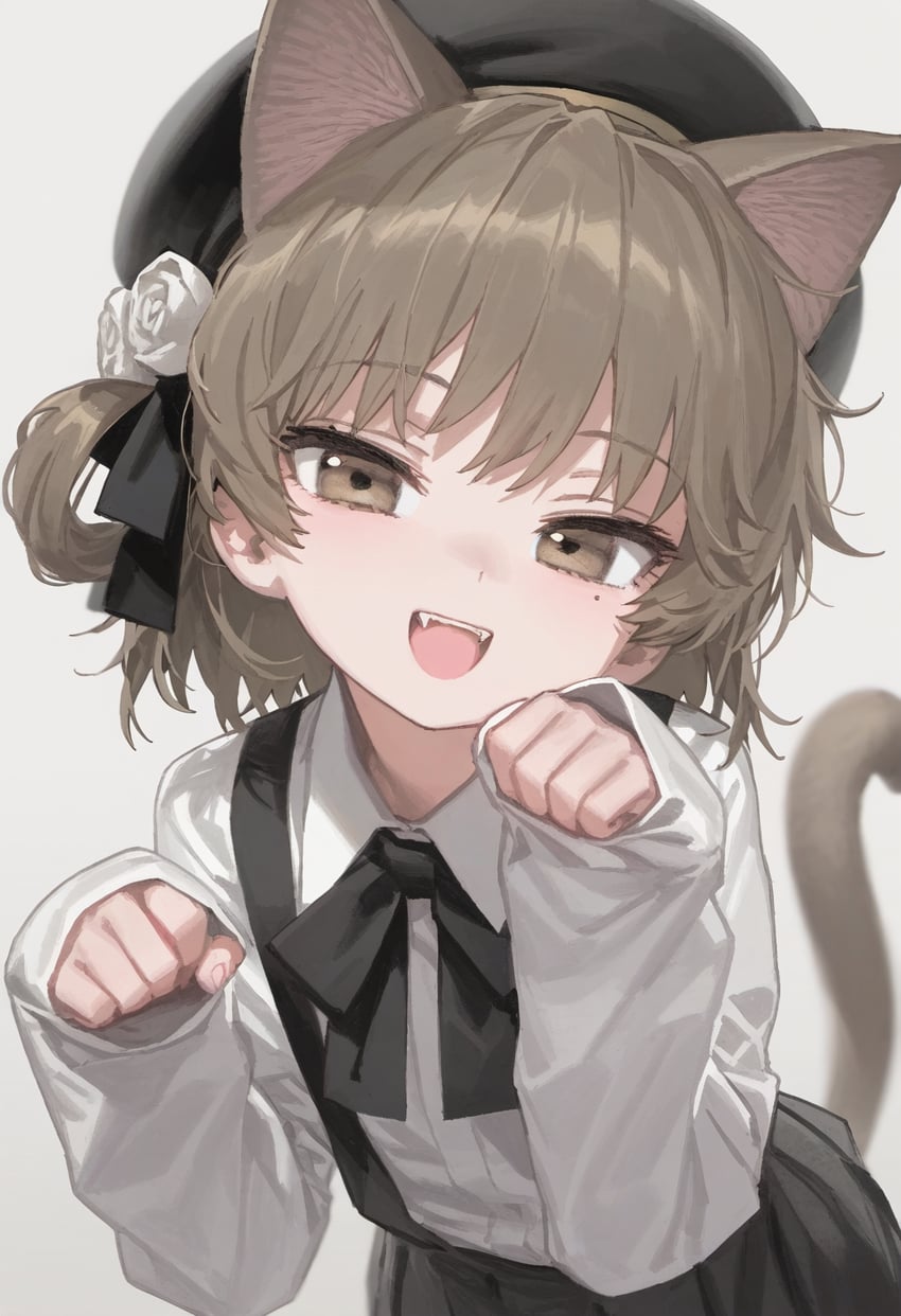 1girl, absurdres, animal_ears, beret, black_headwear, black_ribbon, black_skirt, brown_eyes