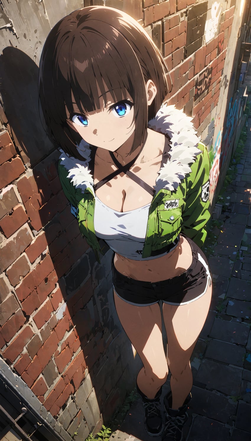 1girl, 7th_anime_xl-pony, absurdres, against_wall, alley, anime_coloring, ankle_boots, arms_behind_back, bangs, bare_legs, black_footwear, black_shorts, blue_eyes, blunt_bangs, blunt_ends, bob_cut, boots, breasts, brick_wall, brown_hair, cleavage, collarbone, criss-cross_halter, crop_top, einar_rainhart, fur-trimmed_jacket, fur_trim, graffiti, green_jacket, halterneck, highres, jacket, leaning_to_the_side, long_sleeves, lora, maya_hirukawa_(einar_rainhart), medium_breasts, midriff, navel, open_clothes, open_jacket, original, self-upload, short_hair, short_shorts, shorts, smile, solo, suburb