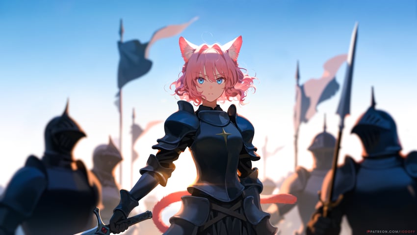 1girl, 6+others, absurdres, adobe_firefly, animal_ear_fluff, animal_ears, armor, backlighting