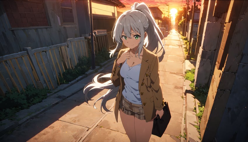 1girl, 7th_anime_xl-pony, absurdres, anime_coloring, anya_(einar_rainhart), bag, breasts, brown_jacket