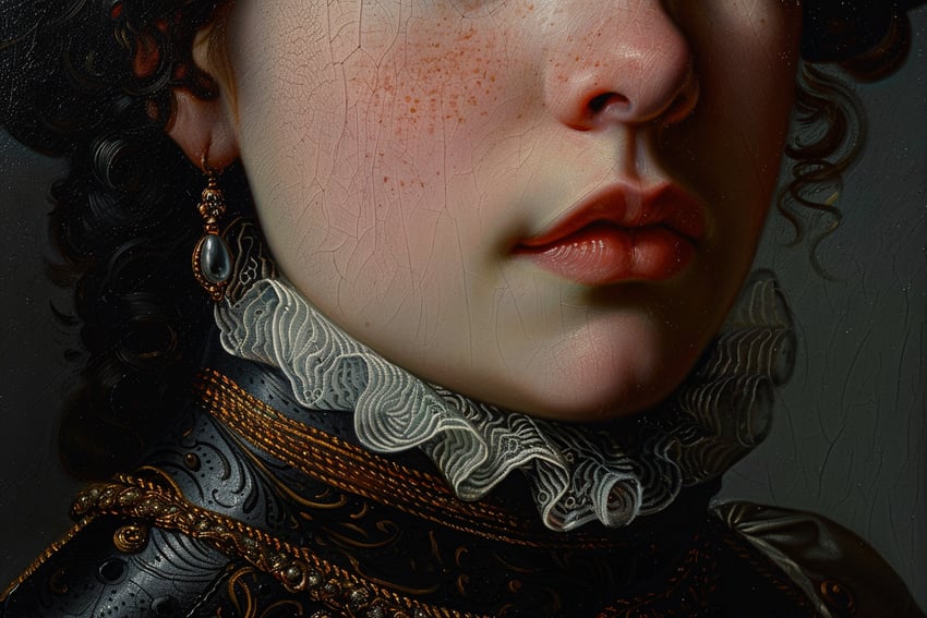 17th_century, 1girl, androgynous, armor, baroque_(style), black_armor, black_hair, blush