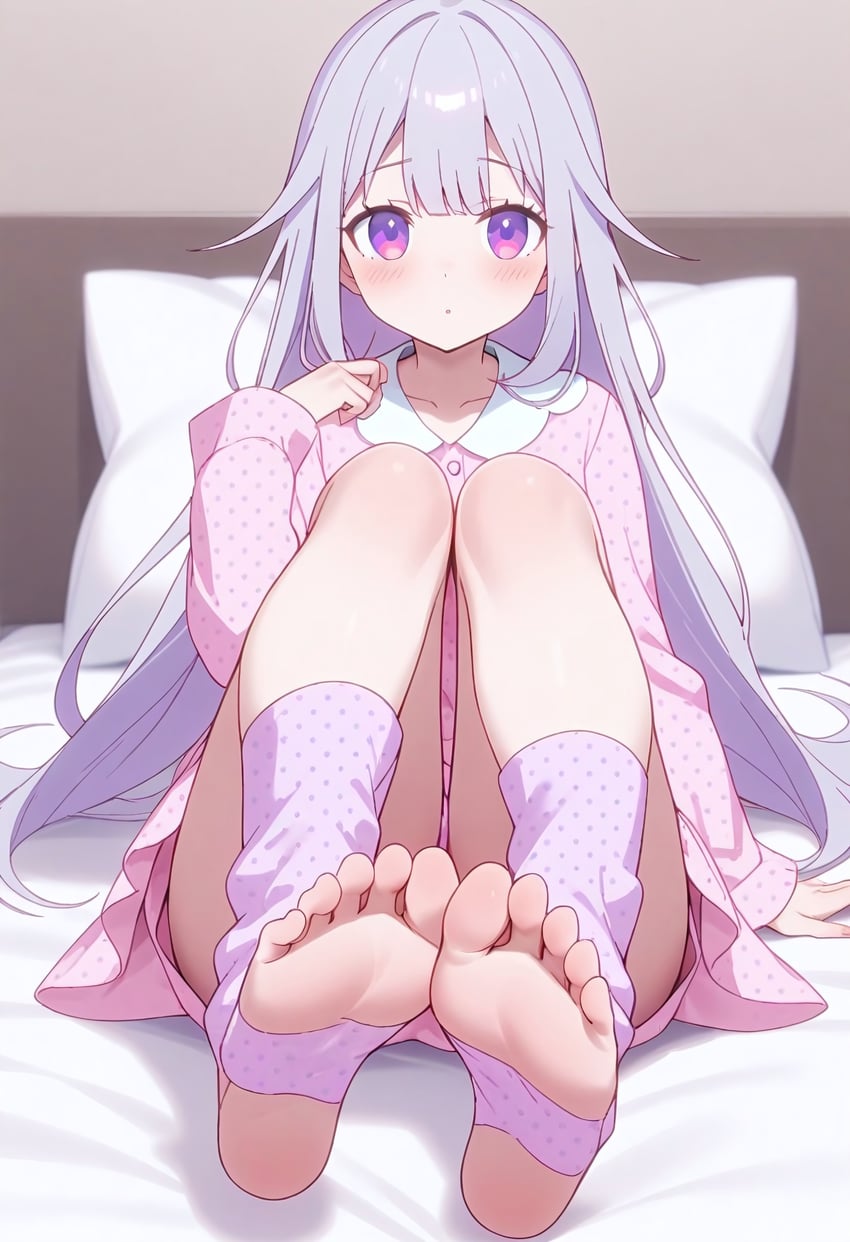 1girl, absurdres, alternate_costume, animaginexl, bangs, bed, bed_sheet, blush, closed_mouth, collarbone, feet, foot_focus, foreshortening, full_body, grey_hair, hair_flaps, hand_up, highres, hololive, hololive_english, incredibly_absurdres, indoors, knees_up, koseki_bijou, leg_warmers, legs, long_hair, long_sleeves, looking_at_viewer, lora, massbrainimpact, no_shoes, on_bed, pajamas, pillow, pink_pajamas, pink_shorts, pink_socks, polka_dot, purple_eyes, purple_hair, self-upload, shorts, sitting, socks, soles, solo, stirrup_legwear, thighs, toeless_legwear, toenails, toes, very_long_hair, virtual_youtuber