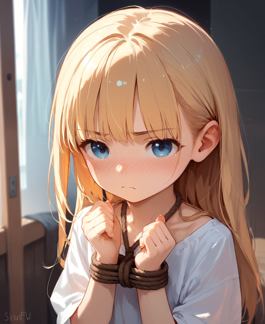 1girl, absurdres, annoyed, artist_name, bangs, bdsm, blonde_hair, blue_eyes