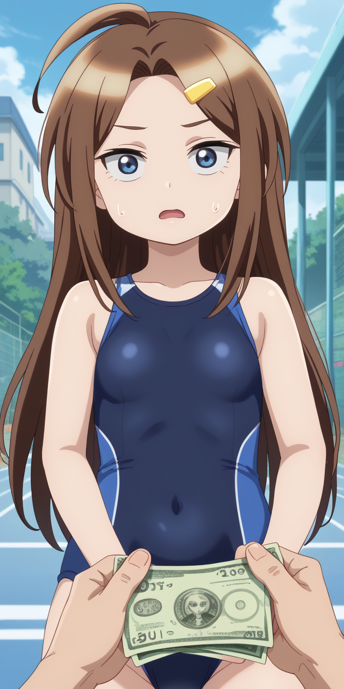 1girl, ahoge, ass, bangs, bikini, blue_eyes, breasts, brown_hair
