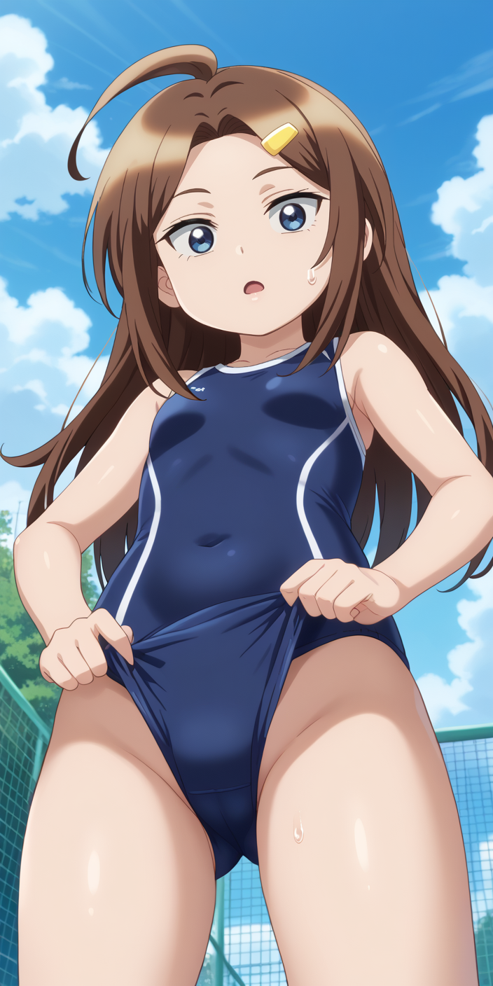 1girl, ahoge, ass, ass_visible_through_thighs, bangs, bikini, blue_eyes, breasts