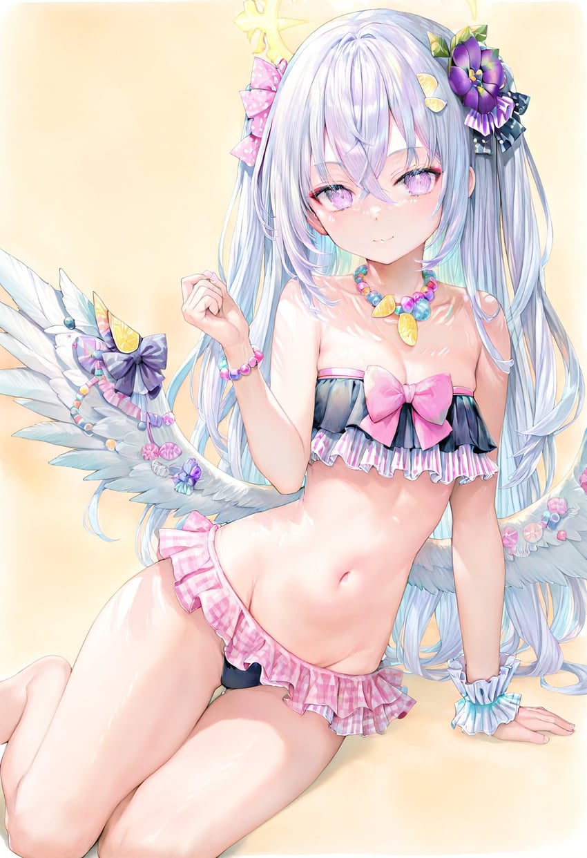 1girl, ahoge, angel_wings, arm_at_side, arm_support, azusa_(blue_archive), backlighting, bandeau