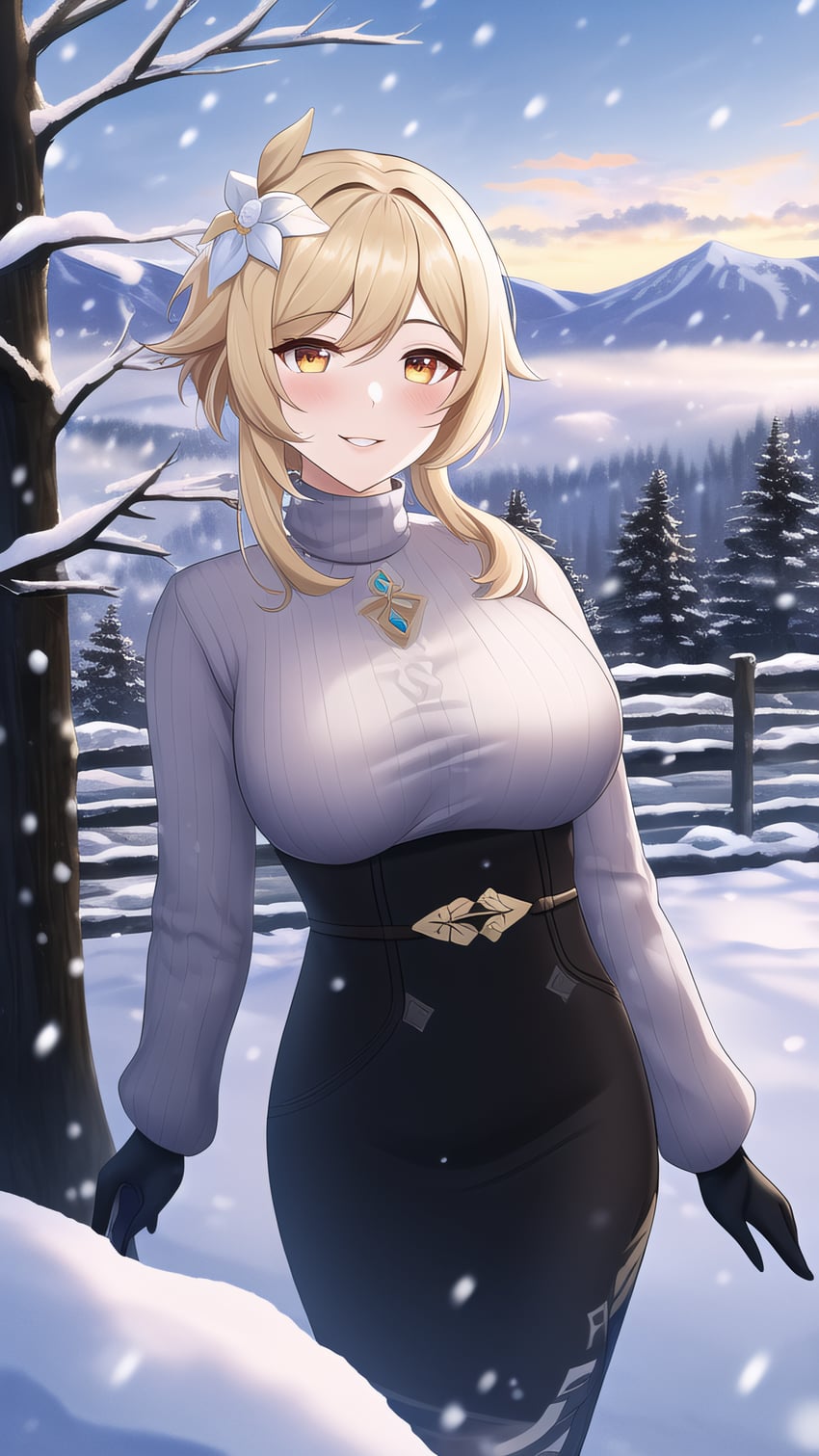 1girl, absurdres, arms_at_sides, bare_tree, black_gloves, black_pants, blonde_hair, blue_sky