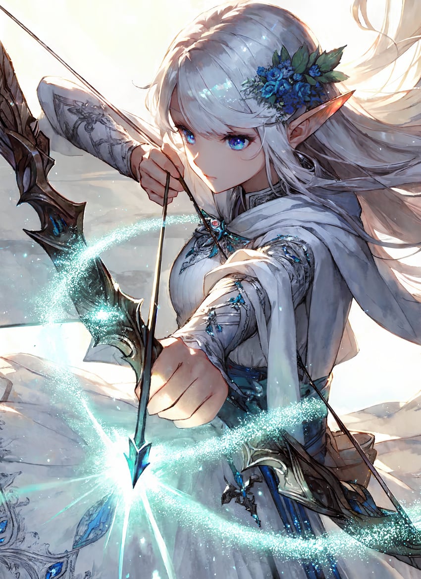 1girl, absurdres, arrow_(projectile), blue_eyes, bow_(weapon), closed_mouth, dress, elf, elna_ai3, flower, hair_flower, hair_ornament, highres, holding, holding_weapon, incredibly_absurdres, long_hair, long_sleeves, looking_to_the_side, model_request, original, pointy_ears, simple_background, solo, weapon, white_background, white_dress, white_hair