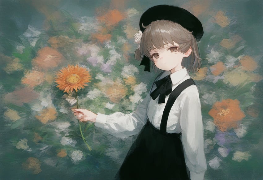 1girl, beret, black_headwear, black_ribbon, black_skirt, brown_eyes, brown_hair, closed_mouth