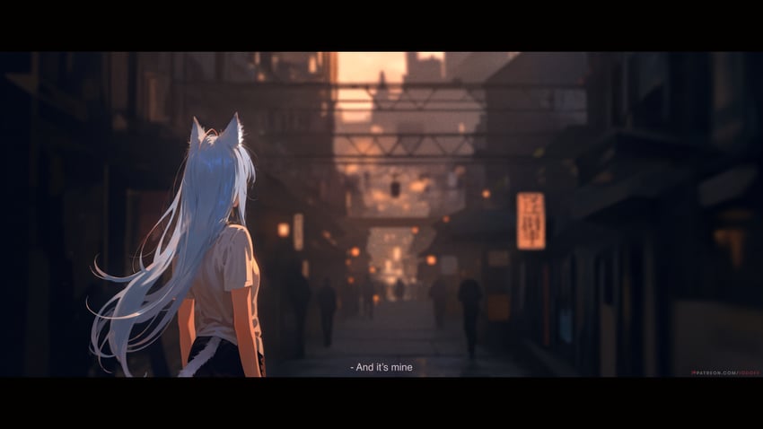 1girl, absurdres, aina_(iodoff), animal_ear_fluff, animal_ears, artist_name, black_skirt, blue_hair, blurry, blurry_background, building, cat_ears, cat_girl, cat_tail, city, cowboy_shot, cropped, depth_of_field, english_text, evening, fake_screenshot, film_grain, first-party_edit, floating_hair, from_behind, highres, incredibly_absurdres, inpainted, iodoff, letterboxed, light, light_blue_hair, long_hair, making-of_available, novelai, original, outdoors, patreon_logo, patreon_username, people, photoshop_(medium), resized, road, scenery, self-upload, shirt, short_shorts, short_sleeves, shorts, sign, skirt, solo_focus, standing, street, subtitled, t-shirt, tail, upscaled, very_long_hair, vibe_transfer, watermark, white_shirt