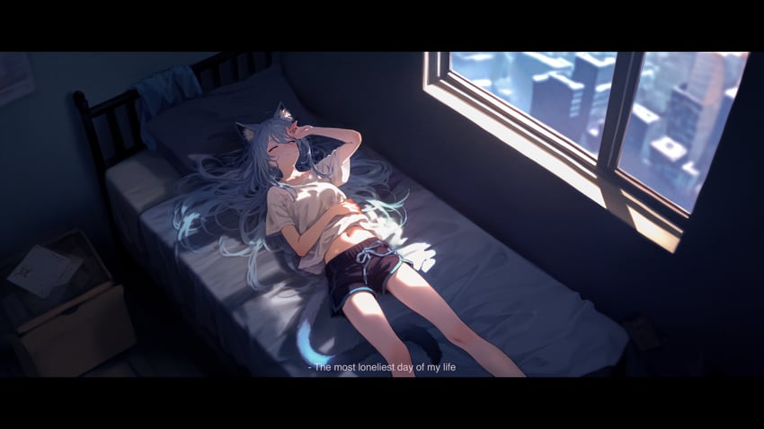 1girl, absurdres, ahoge, aina_(iodoff), animal_ear_fluff, animal_ears, arm_up, bare_legs, bed, bed_sheet, black_shorts, blue_hair, book, box, building, cat_ears, cat_tail, cityscape, closed_eyes, closed_mouth, clothes_lift, cropped, day, english_text, fake_screenshot, feet_out_of_frame, film_grain, first-party_edit, from_above, hair_between_eyes, hand_on_own_face, hand_on_own_stomach, hand_up, highres, incredibly_absurdres, indoors, inpainted, iodoff, letterboxed, light_blue_hair, long_hair, lying, messy_hair, midriff, midriff_peek, navel, novelai, on_back, on_bed, original, pillow, resized, scenery, self-upload, shadow, shirt, shirt_lift, short_shorts, short_sleeves, shorts, solo, subtitled, t-shirt, tail, upscaled, watermark, white_shirt, window, window_shade