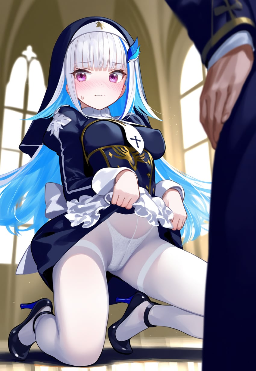1boy, 1girl, apron, bangs, blue_hair, blue_shirt, blue_skirt, blunt_bangs, blush, breasts, church, closed_mouth, clothes_lift, colored_inner_hair, commentary, covered_nipples, crotch_seam, eyebrows_visible_through_hair, from_below, habit, hair_ornament, hairclip, high_heels, highleg, highleg_panties, highres, hitlerai_(artist), indoors, japanese_commentary, lifting_own_clothes, lize_helesta, long_hair, long_sleeves, medium_breasts, multicolored_hair, necktie, nijisanji, novelai, nun, panties, panties_under_pantyhose, pantyhose, puffy_sleeves, purple_eyes, self-upload, shirt, skirt, skirt_lift, thighband_pantyhose, two-tone_hair, underwear, virtual_youtuber, white_hair, white_necktie, white_panties, white_pantyhose, window