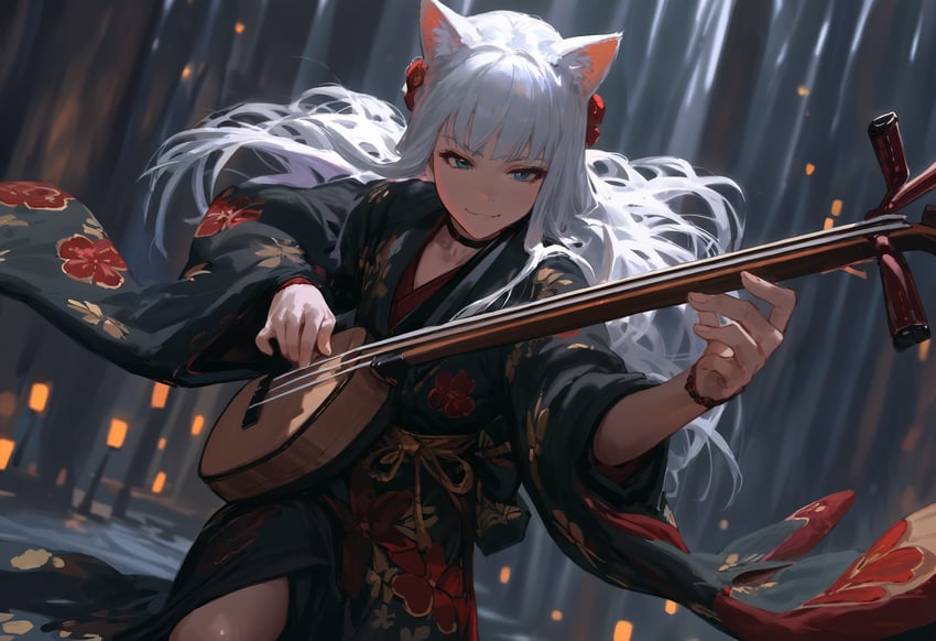 1girl, absurdres, animal_ear_fluff, animal_ears, aqua_eyes, black_kimono, cat_ears, cat_girl, dark_background, flower, funya_nyanodesu, hair_flower, hair_ornament, highres, holding, holding_instrument, instrument, japanese_clothes, kimono, light_smile, looking_at_viewer, model_request, non-web_source, original, self-upload, shame, shamisen, solo, white_hair