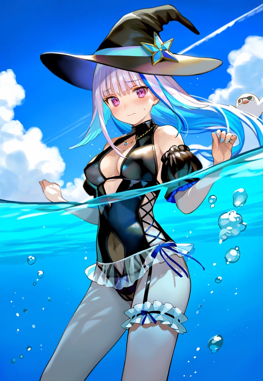 1girl, air_bubble, bangs, bare_shoulders, blue_bow, blue_hair, blue_sky, blunt_bangs