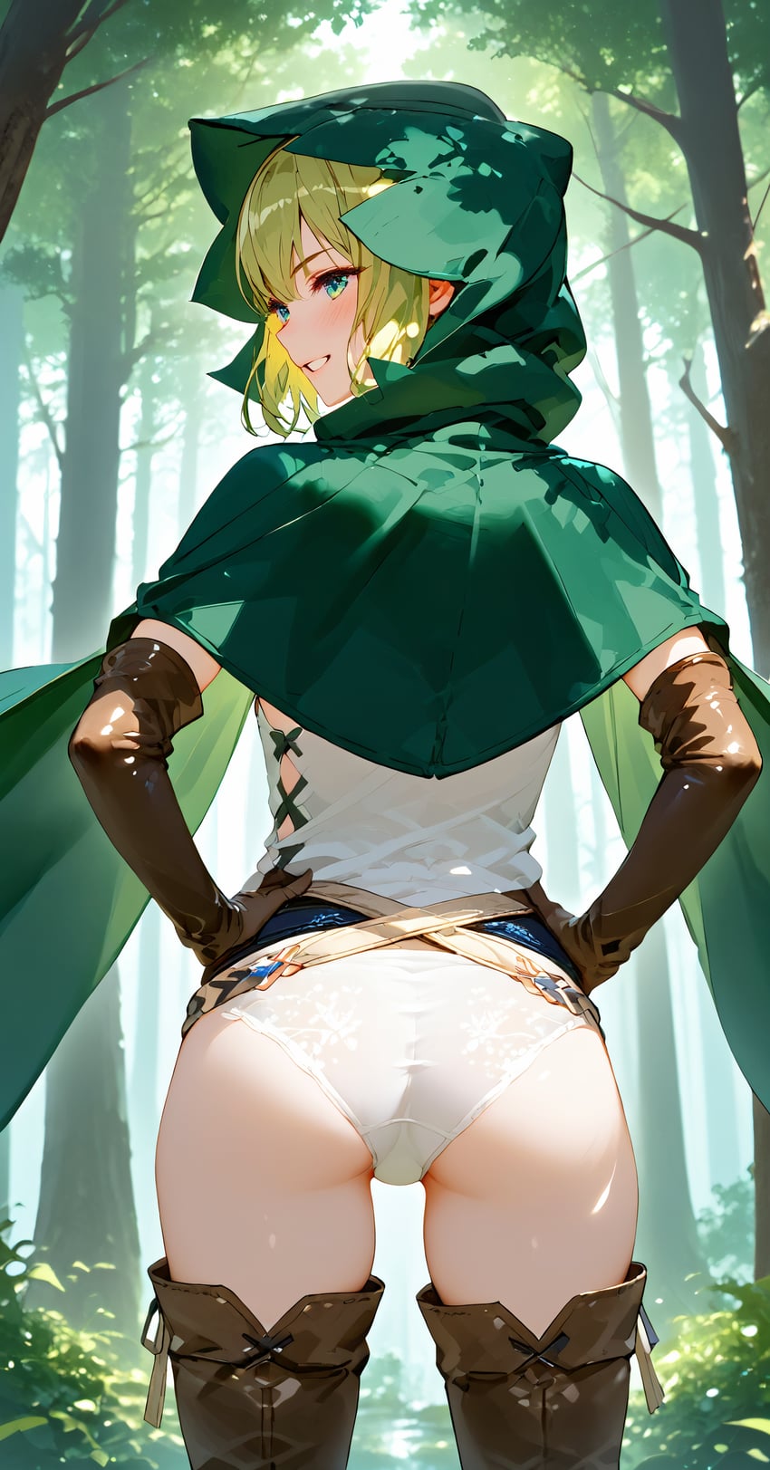 1girl, absurdres, ass, chinese_commentary, cloak, commentary, covered_navel, day, dungeon_ni_deai_wo_motomeru_no_wa_machigatteiru_darou_ka, edward_no_genso, elbow_gloves, elf, english_commentary, forest, gloves, green_eyes, green_hair, hand_on_own_hip, highres, hood, hooded_cloak, japanese_commentary, metadata_request, mixed-language_commentary, model_request, nature, panties, pointy_ears, ryu_lion, see-through, self-upload, smile, solo, thighs, underwear