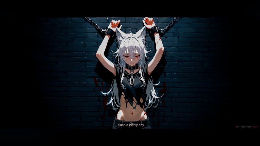 1girl, absurdres, adobe_firefly, animal_ear_fluff, animal_ears, arms_up, bare_arms, belt_collar