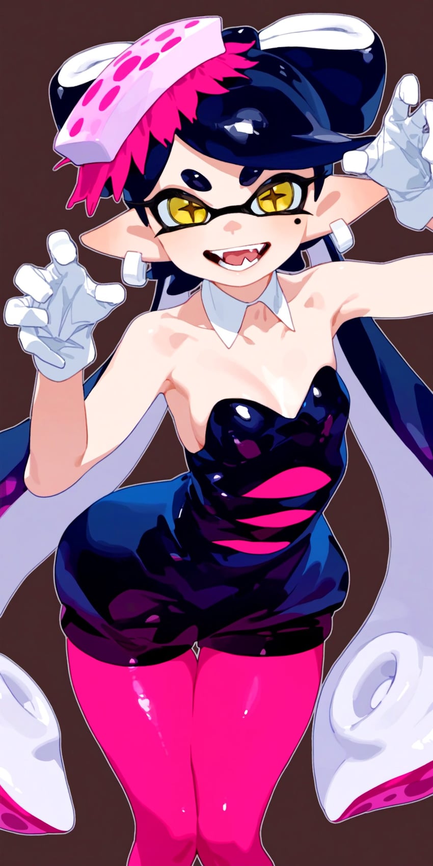 1girl, ai_chan_1111, bare_shoulders, callie_(splatoon), collar, cross-shaped_pupils, detached_collar, earrings