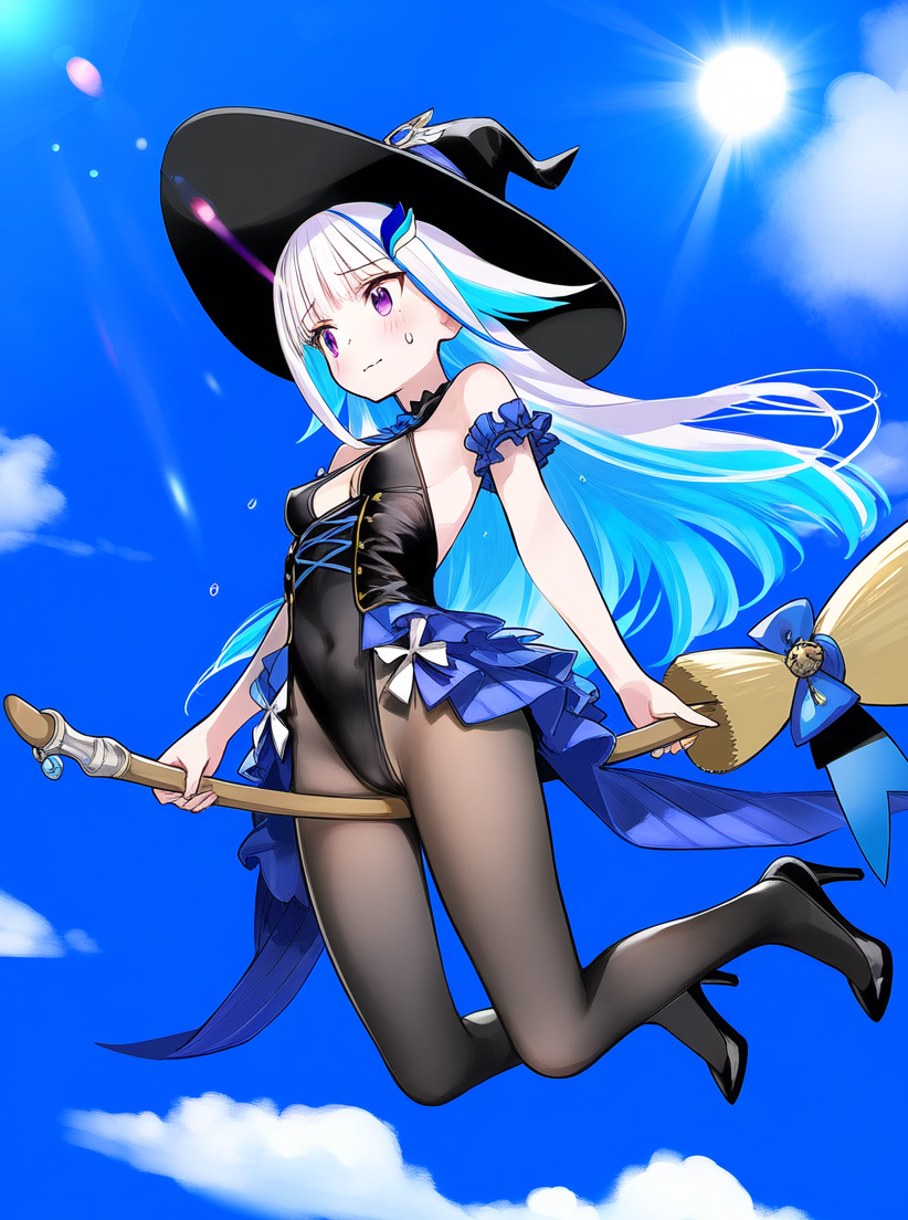 1girl, backless_outfit, bangs, bare_shoulders, black_pantyhose, blue_bow, blue_hair, blue_sky
