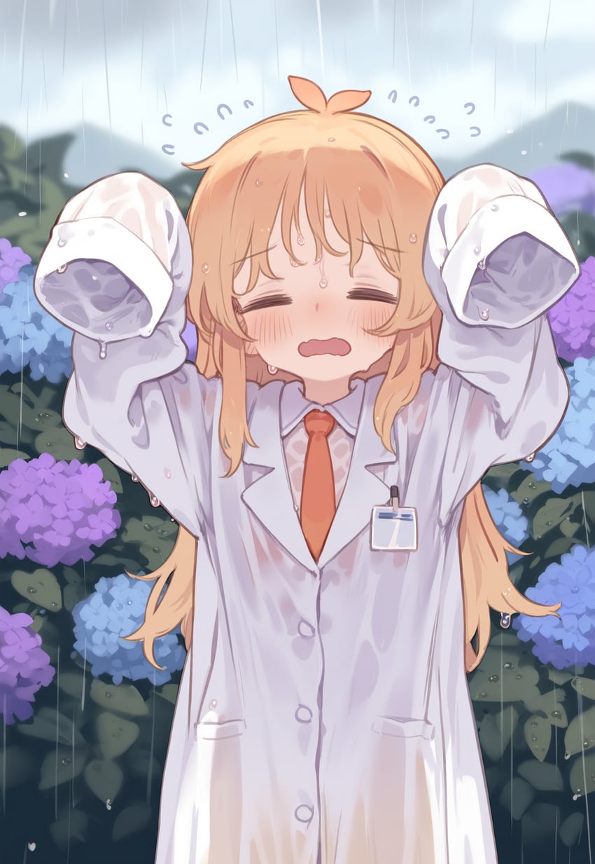 1girl, 4o4n0tf0und, =_=, arms_up, blonde_hair, blue_flower, blush, child