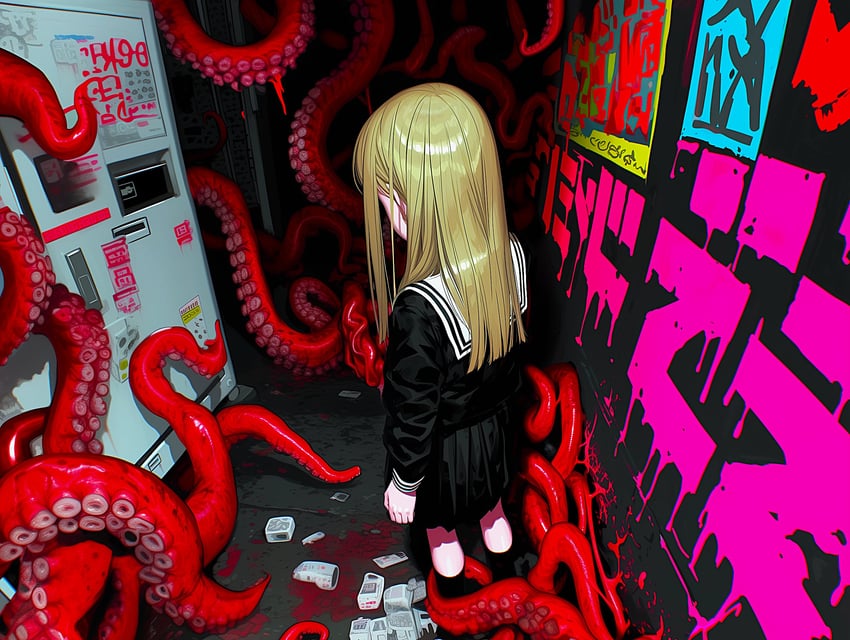 1girl, absurdres, black_serafuku, black_shirt, black_skirt, black_socks, blonde_hair, blood