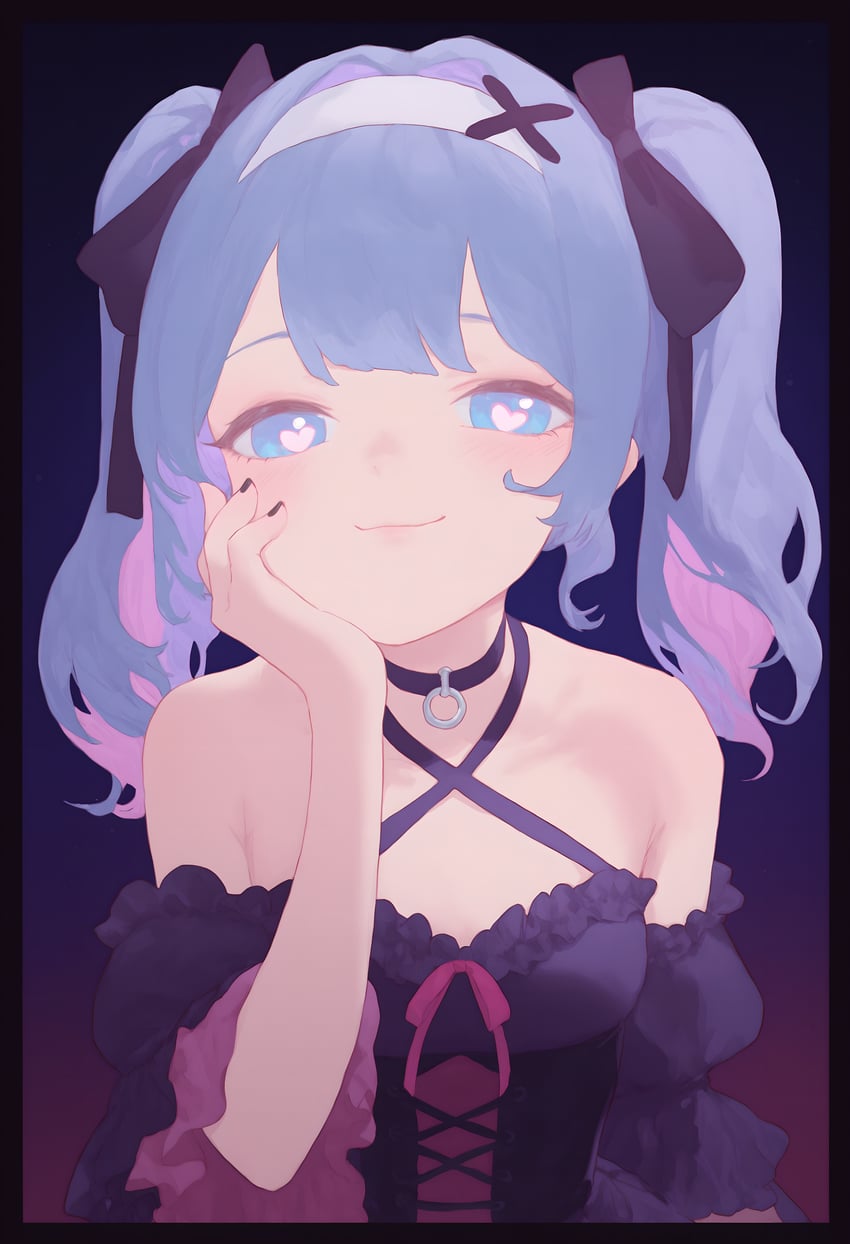 1girl, :3, absurdres, bajac, black_border, blue_background, blue_eyes, blue_hair