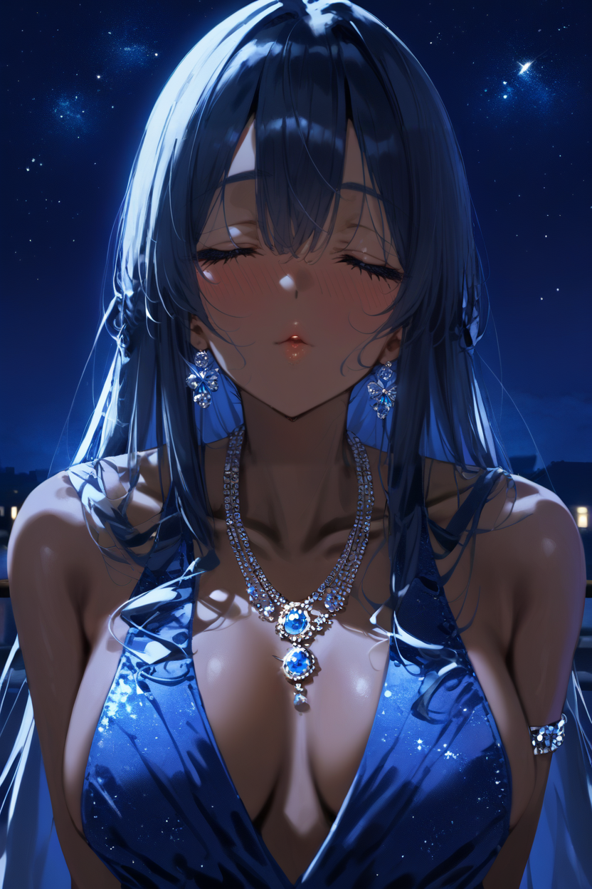 1girl, adetailer, bangs, bare_shoulders, blue_dress, blush, breasts, cleavage, closed_eyes, collarbone, dark-skinned_female, dark_skin, dress, e_shion, earrings, evening_gown, facing_viewer, gem, hair_between_eyes, halterneck, incoming_kiss, inpainted, jewelry, large_breasts, long_hair, lora, mix-gem-lxs, night, night_sky, original, outdoors, parted_lips, plunging_neckline, sky, sleeveless, sleeveless_dress, solo, star_(sky), starry_sky, upper_body