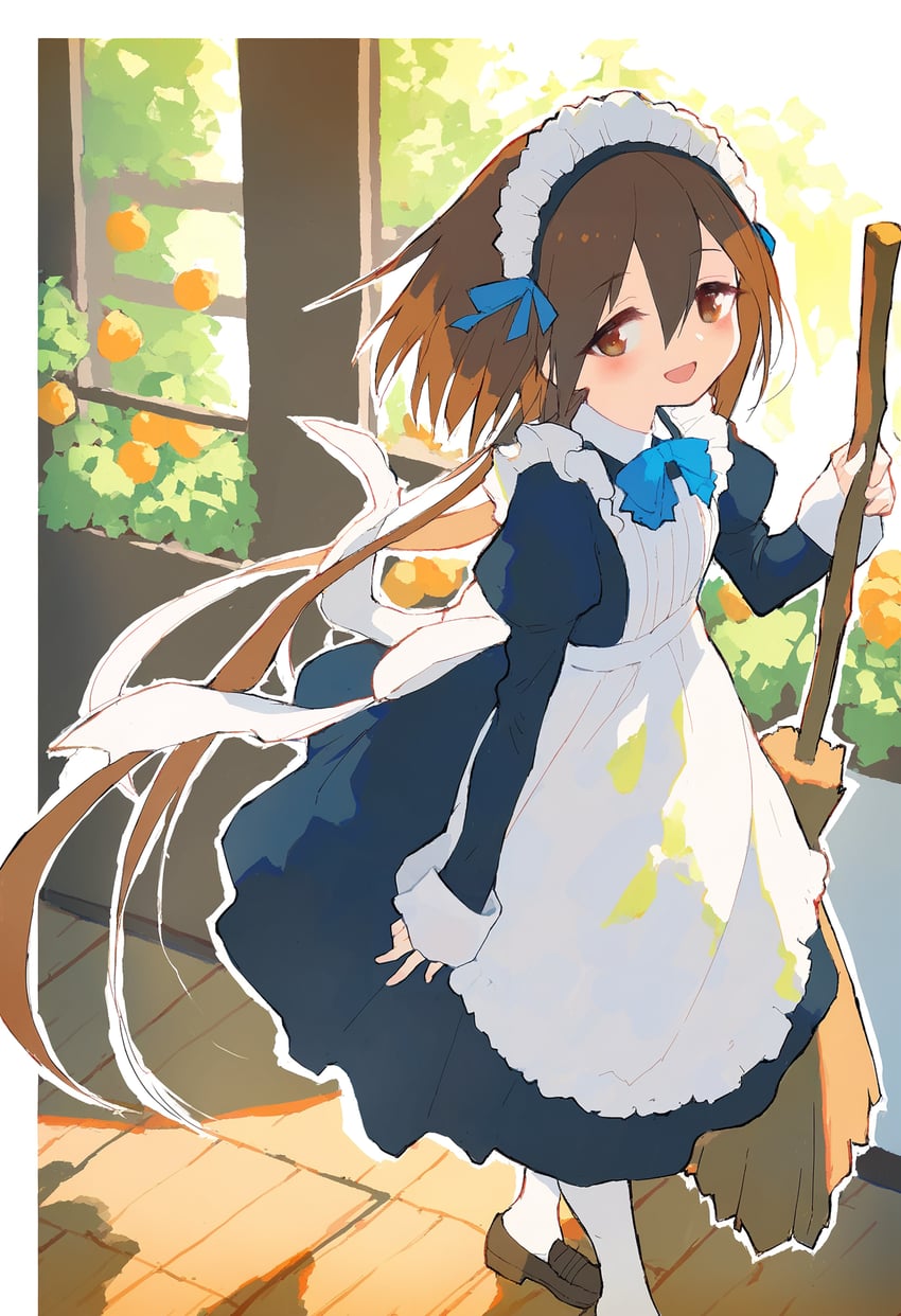 1girl, :d, adetailer, apron, bangs, black_dress, blue_bow, blue_bowtie