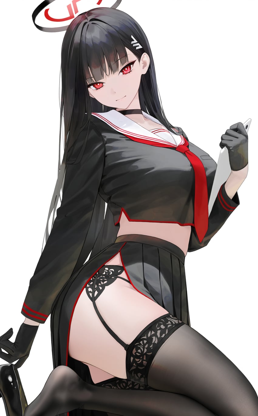 1girl, bad_id, bad_pixiv_id, black_choker, black_footwear, black_gloves, black_hair, black_halo